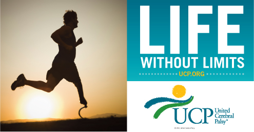 New UCP Billboard image featuring man with  prosthetic leg running and the message "Life Without Limits" and ucp.org.